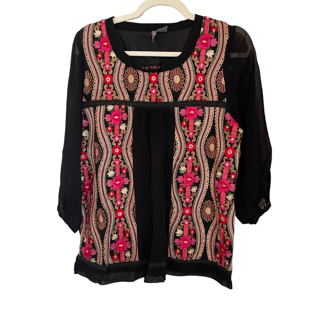 ANU by Natural Size S Black Sheer Boho Embroidered Blouse 3/4 Sleeve Artsy
